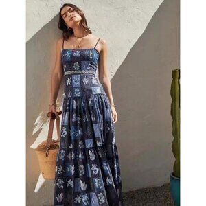 Agua Bendita Lima Algae Maxi Small Dress Floral Print Blue Grid Check Linen